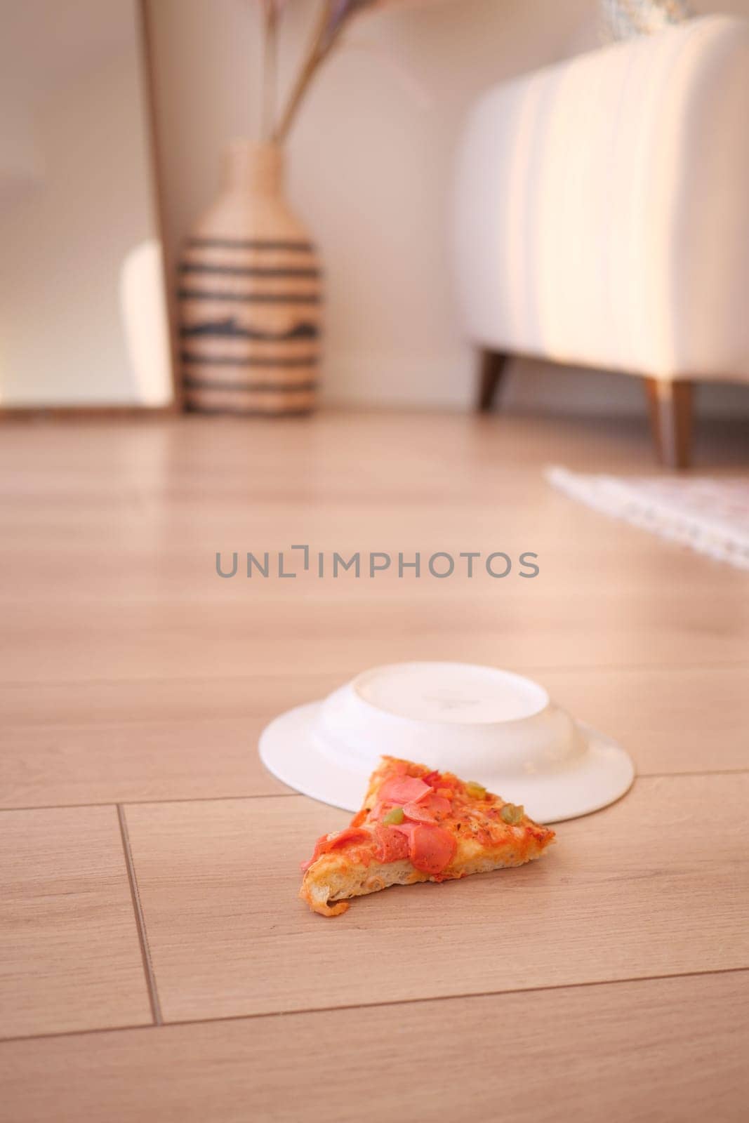 Slice of pizza spilled on the floor ,