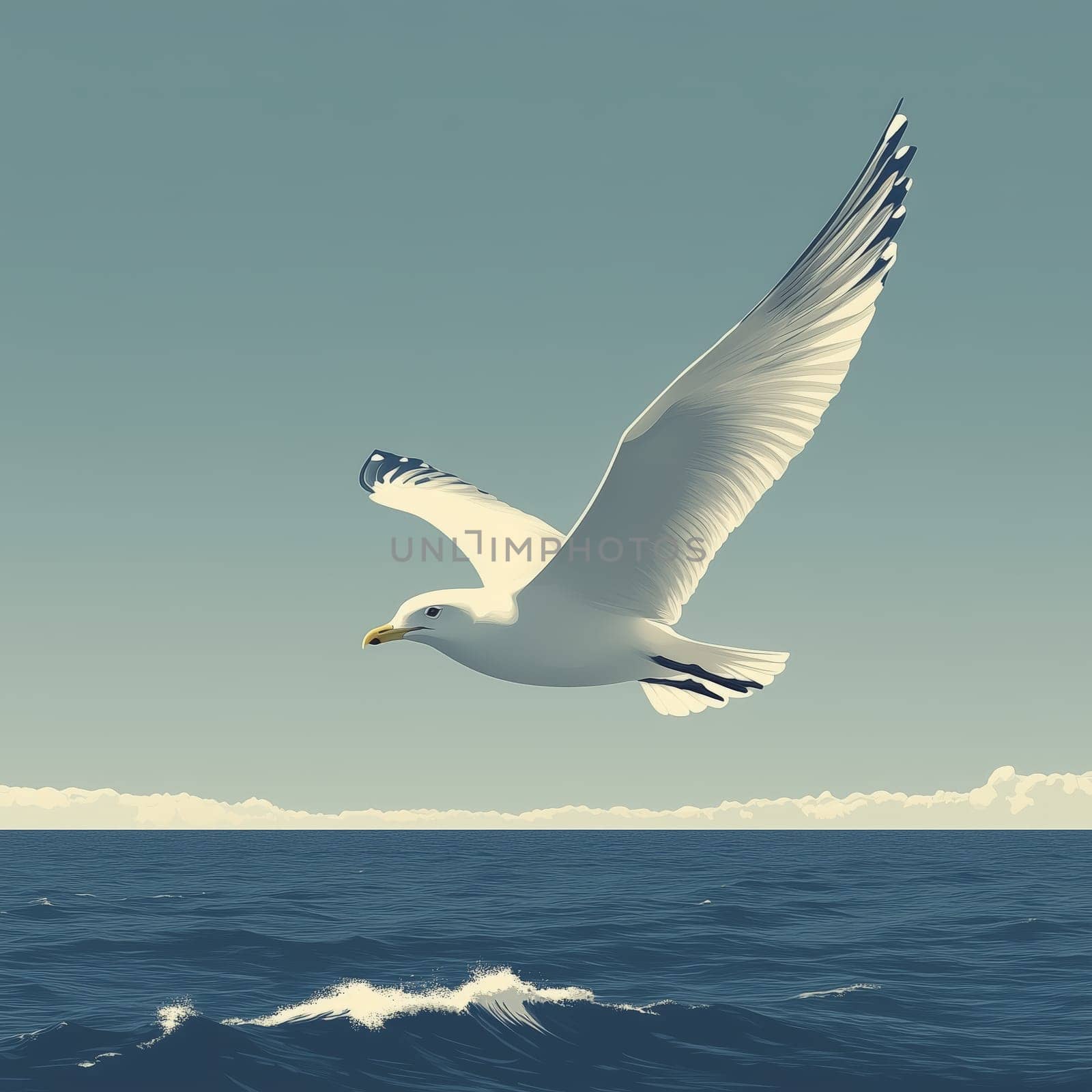 A white seagull soaring in the sky above the ocean with a calm, light blue background and gentle waves below.