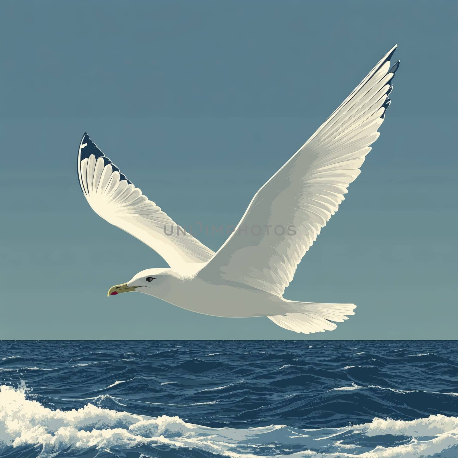 A seagull soaring above the ocean with its wings wide open, the blue ocean and sky providing a peaceful backdrop.