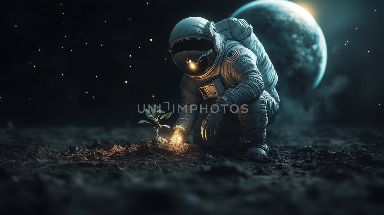 An astronaut plants a young plant on the moon's surface, with Earth glowing in the background, symbolizing hope and new beginnings.