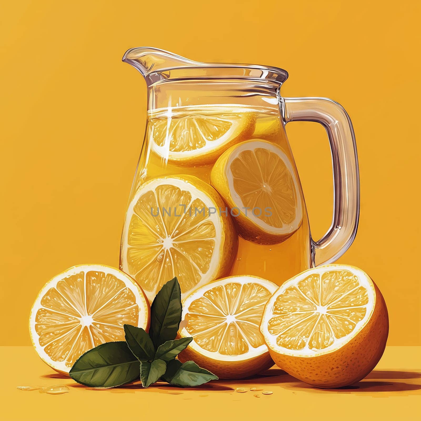 A glass jug filled with refreshing lemonade and lemon slices, placed on a vibrant yellow background.