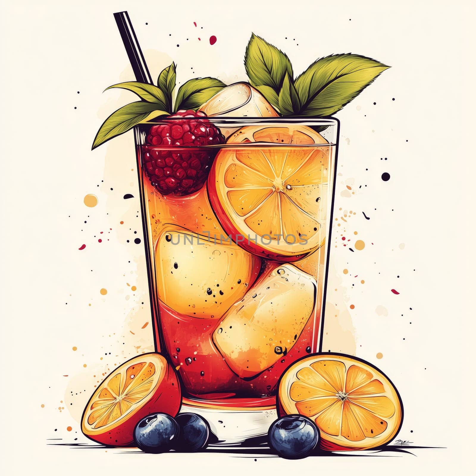 Artistic illustration of a refreshing fruit drink in a glass with orange slices, raspberry, blueberry, mint leaves, and ice cubes on a white background.