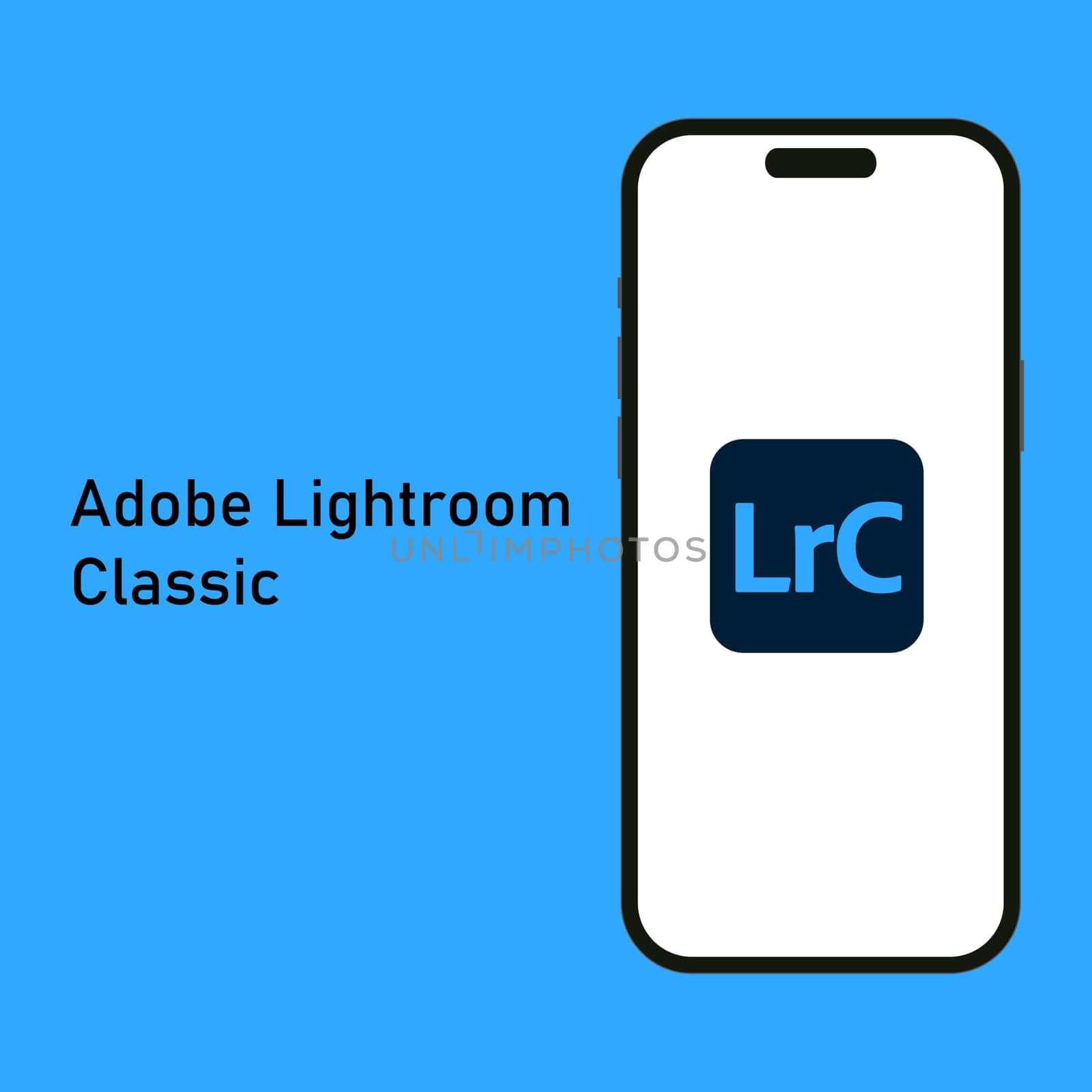 Kyiv, Ukraine - 14 June 2023: Adobe Photoshop Lightroom Classic logo isolated on the smartphone iPhone 14 screen with blue background. Lightroom is software of image organization and image processing