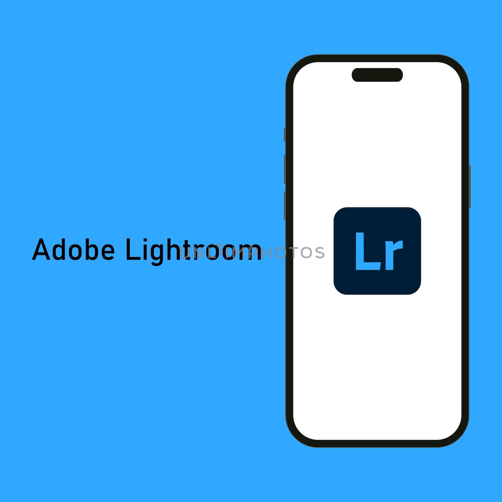Kyiv, Ukraine - 14 June 2023: Adobe Photoshop Lightroom logo isolated on the smartphone iPhone 14 screen with blue background. Lightroom is a piece of image organization and image processing software