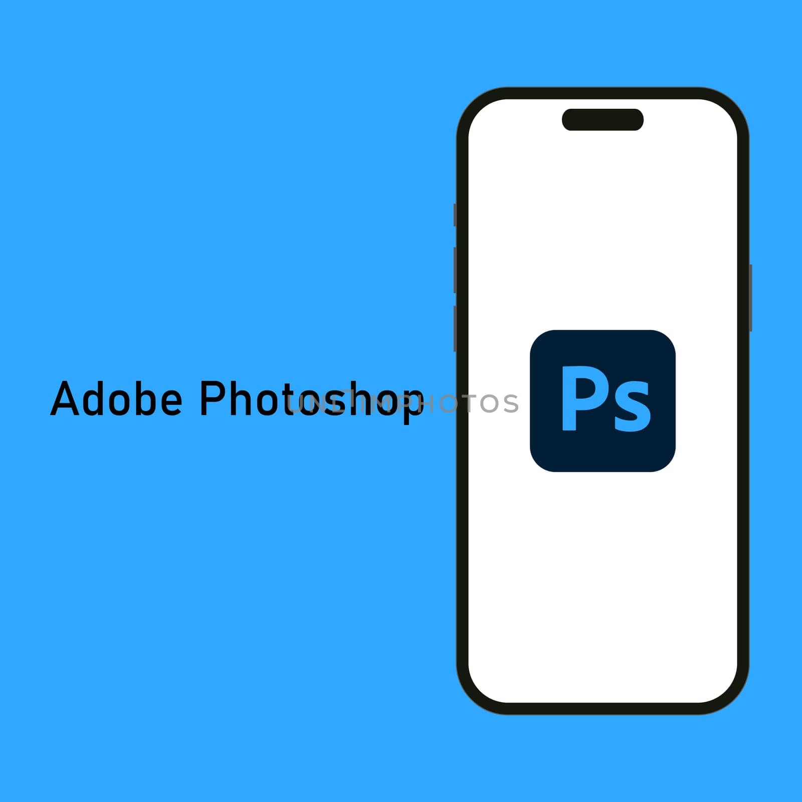 Kyiv, Ukraine - 14 June 2023: Adobe Photoshop logo isolated on the smartphone iPhone 14 screen with blue background. Photoshop is a raster graphics editor software developed by Adobe Inc. 1990
