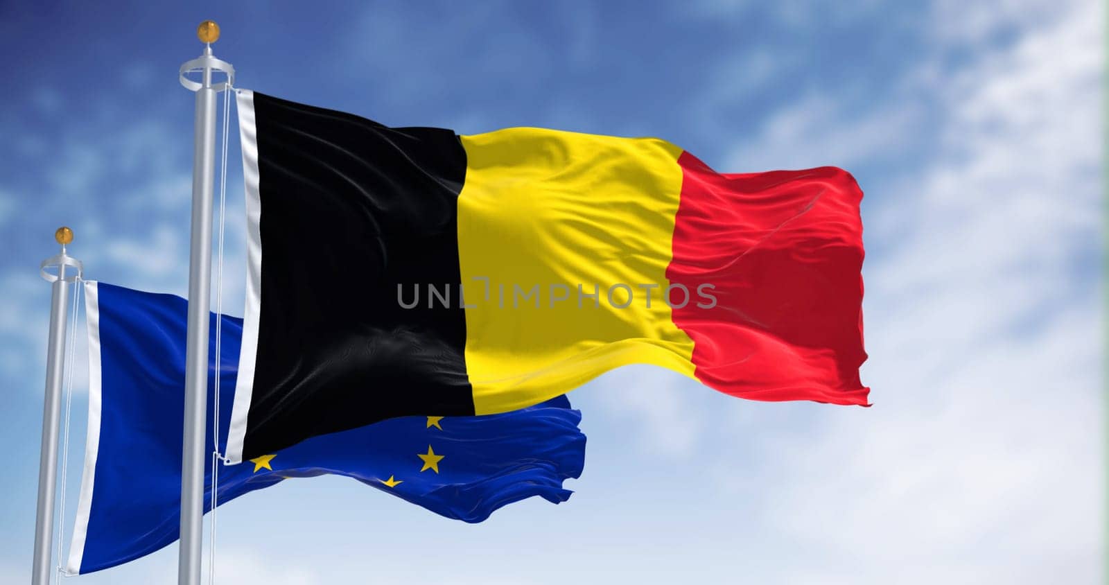 Belgium and European Union flags waving together on a clear day. Democracy and politics. European country. 3d illustration render. Fluttering fabric