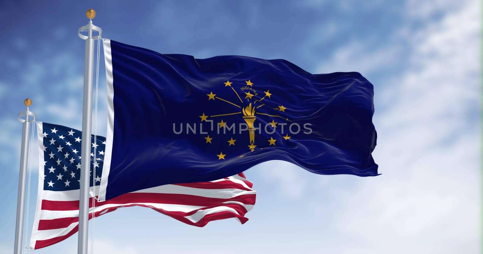 Indiana state flag waving with the national flag of the United States of America on a clear day. 3d illustration render. Fluttering fabric.