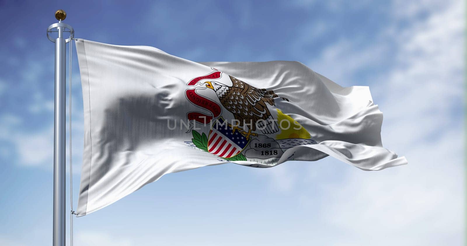 Close-up view of Illinois state flag waving in the wind. Illinois flag is white with state seal, Illinois written beneath it. Rippled fabric. 3d illustration render. Fluttering fabric