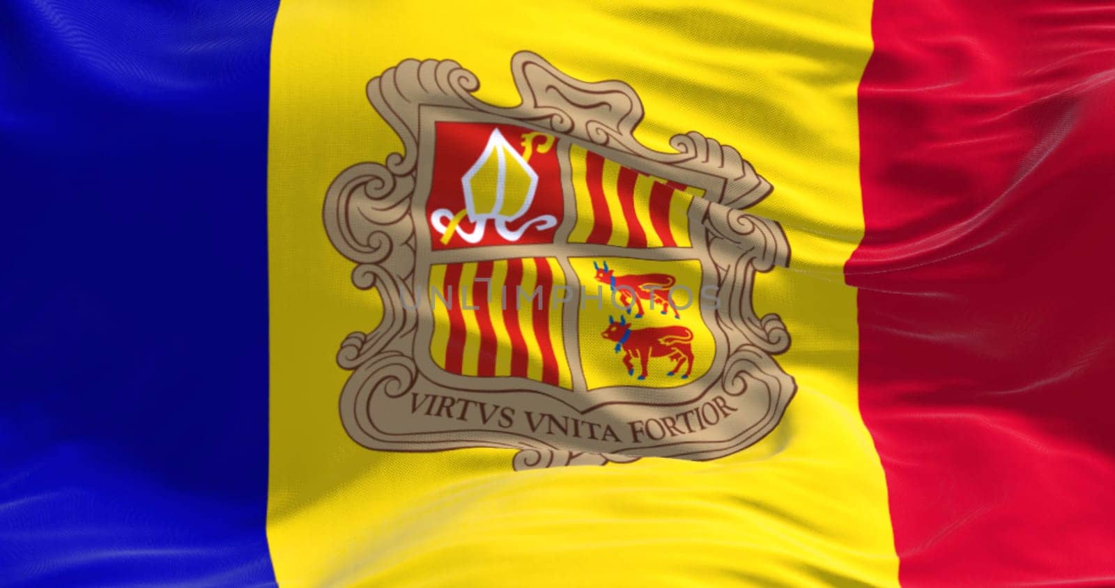 The flag of the Principality of Andorra waving in the wind. Vertical blue-yellow-red stripes with coat of arms in center. 3d illustration render. Rippled textile. Close-up