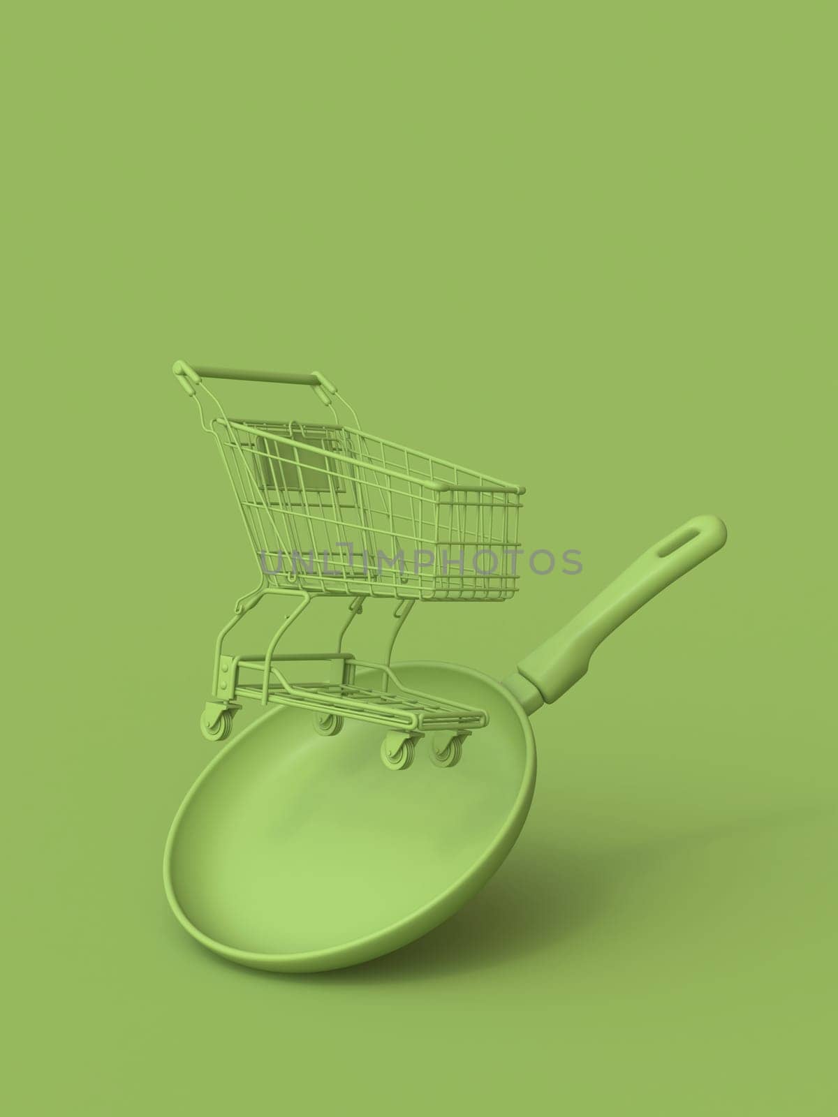 Green cooking pan and shopping cart 3D rendering illustration isolated on green background