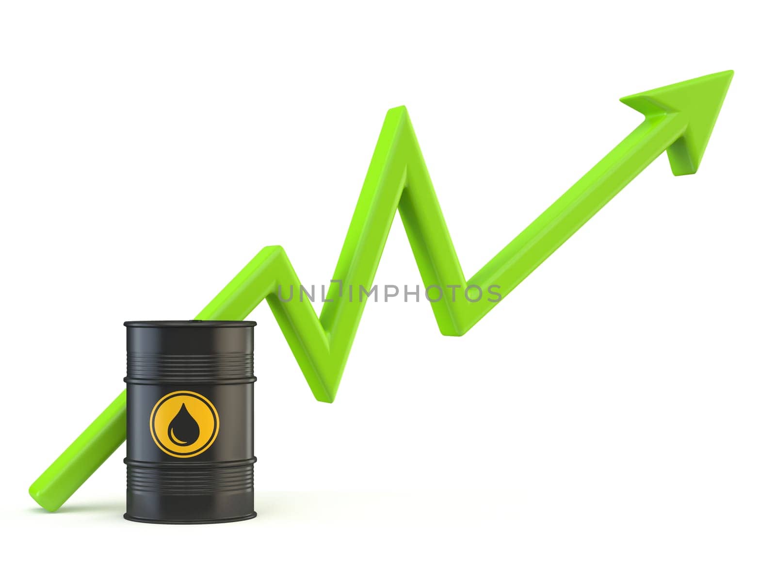 Black oil barrel with green rising arrow 3D rendering illustration isolated on white background