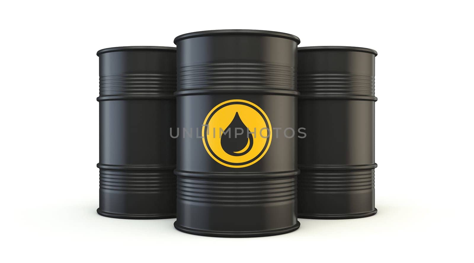 Three black oil barrels 3D rendering illustration isolated on white background