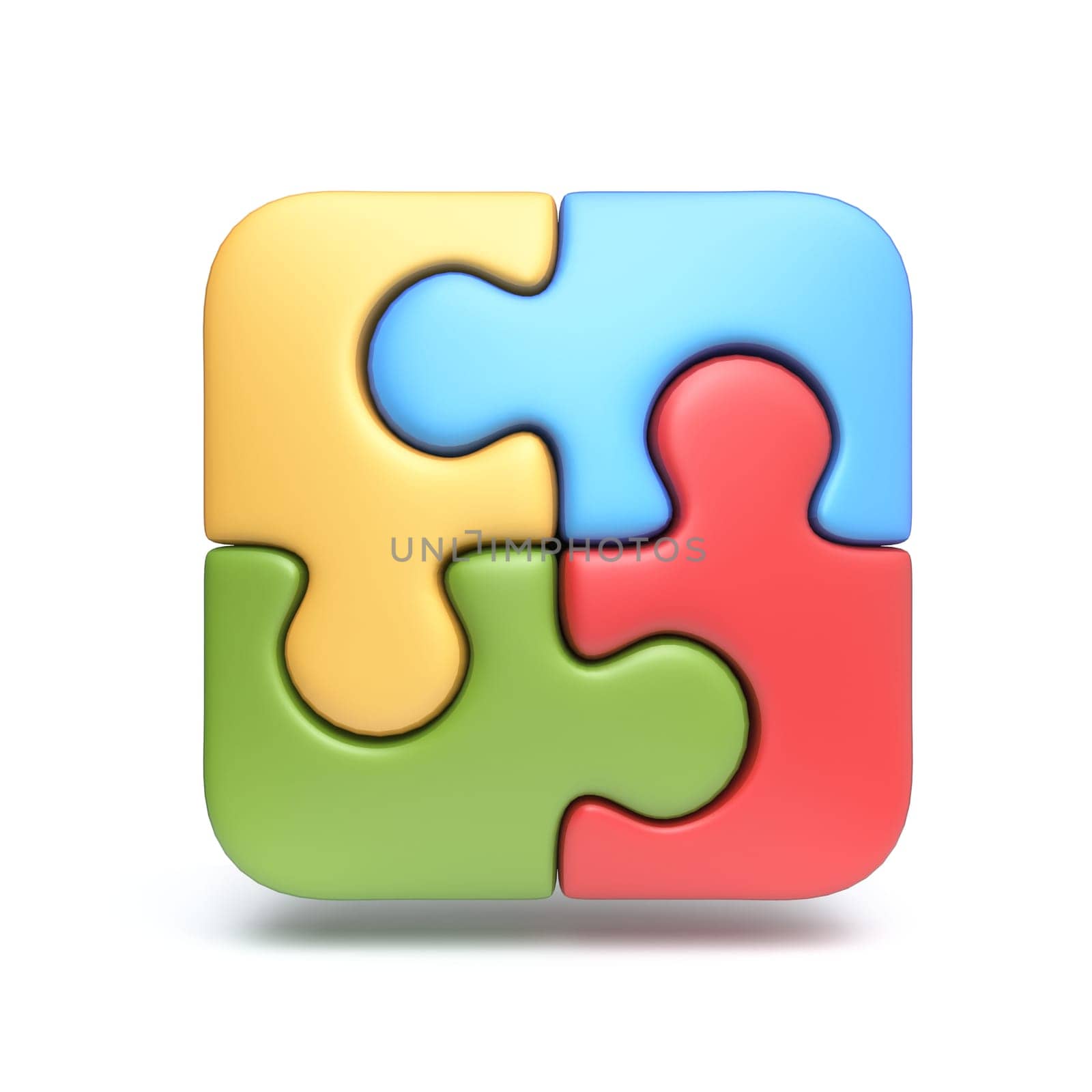 Square four pieces puzzle 3D rendering illustration isolated on white background