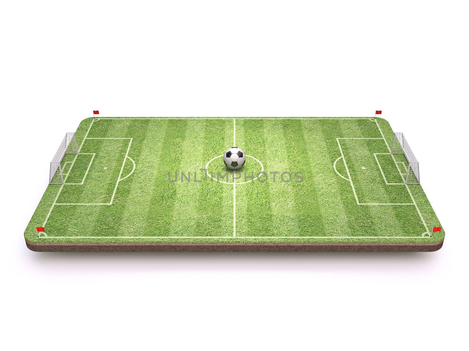 Football Soccer playground with ball Side view 3D rendering illustration isolated on white background