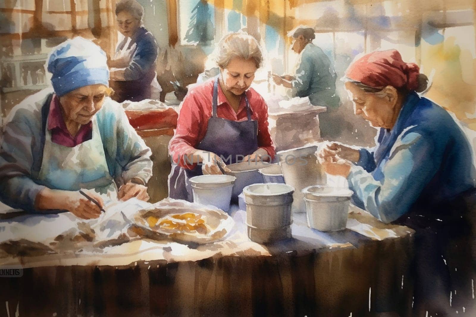 Group of senior women preparing together food, cooking a meal in the kitchen, charity work, team of grandmothers, generative AI