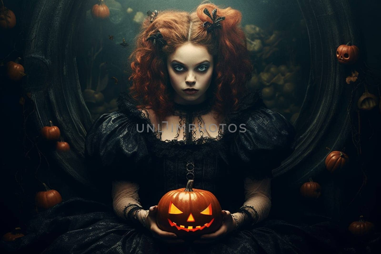 Woman with glowing pumkins in a mysterious , dark and scary night in autumn, Halloween holiday, gothic style, generative AI