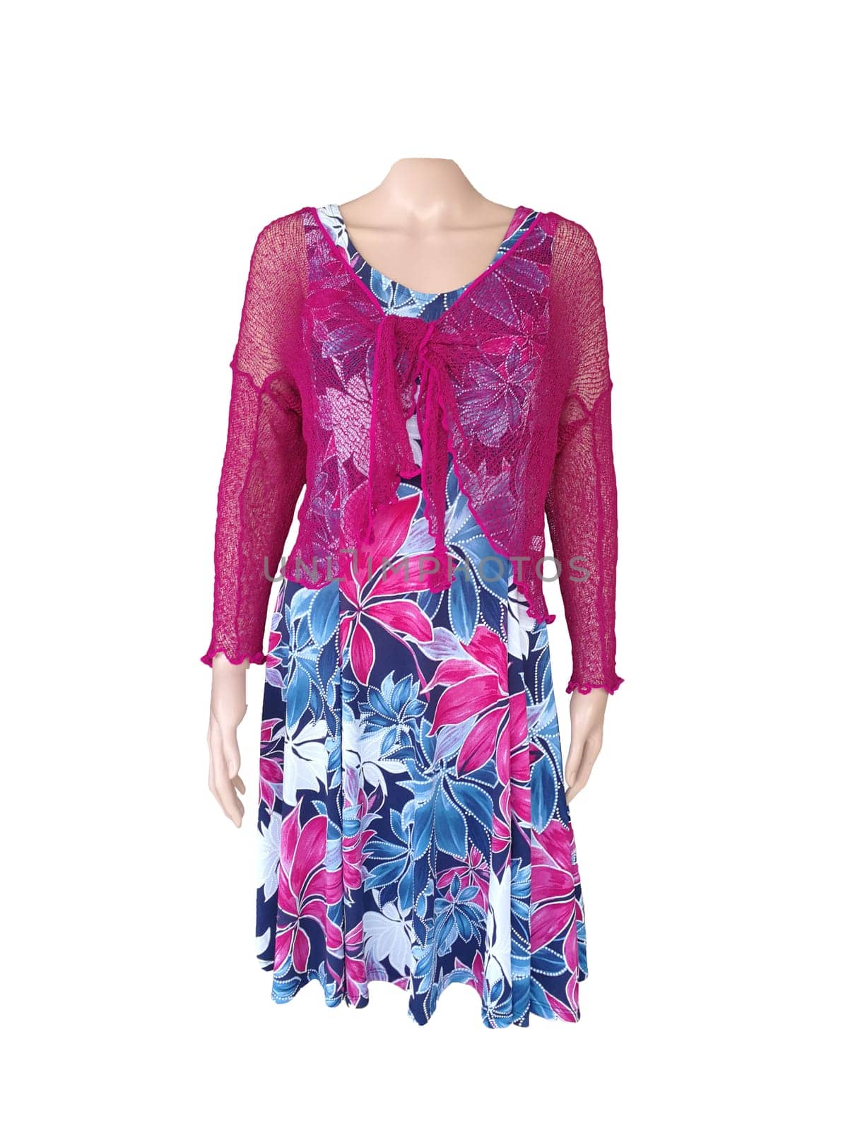 Dress isolated. Closeup of a colorful elegant stylish summer dress or sundress with floral pattern with a red bolero on a mannequin isolated on white. Summer fashion.