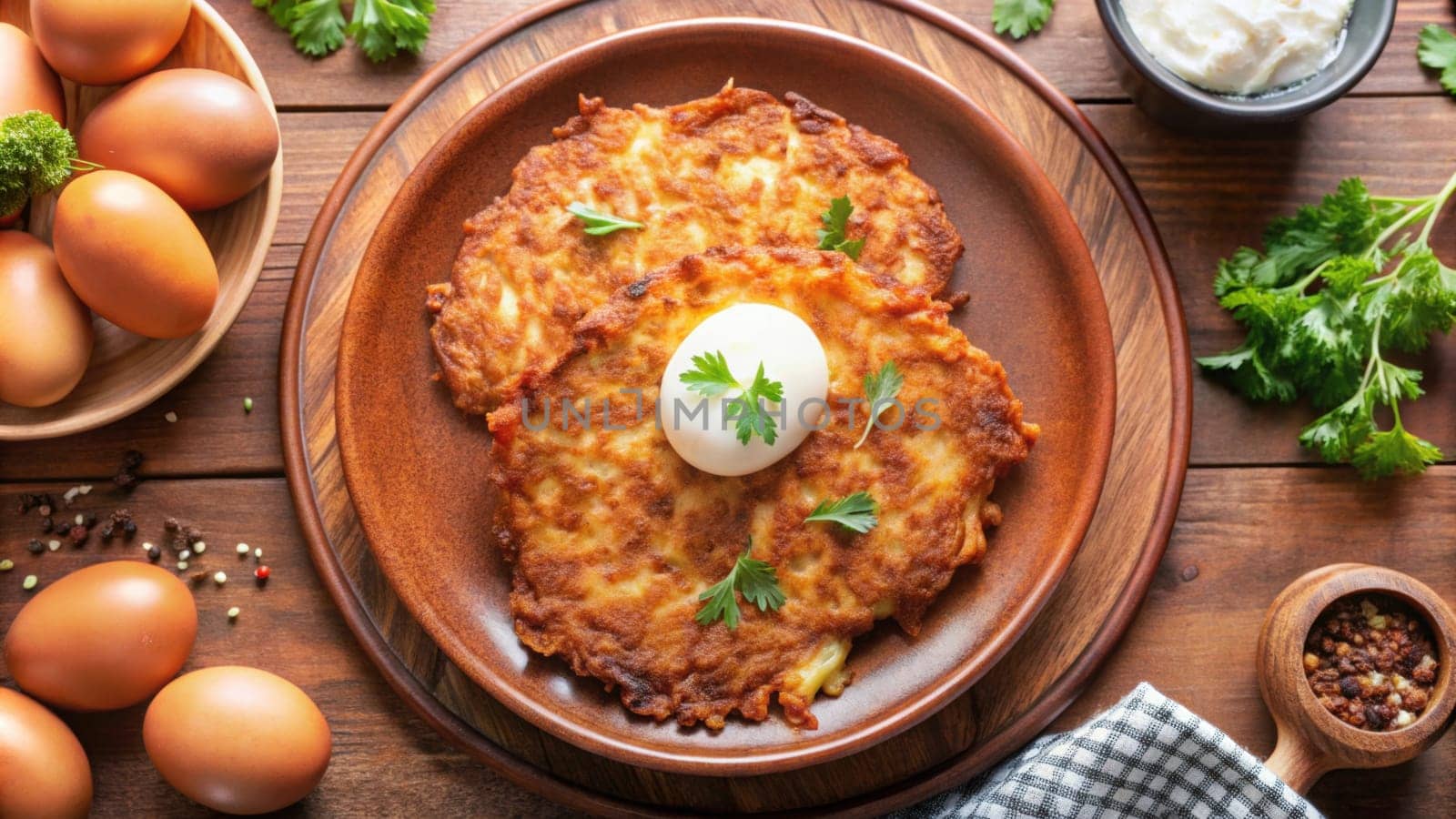 Crispy latkes with a dollop of sour cream and fresh herbs, surrounded by eggs and spices on a rustic wooden table. perfect for hanukkah festivities with copy space.