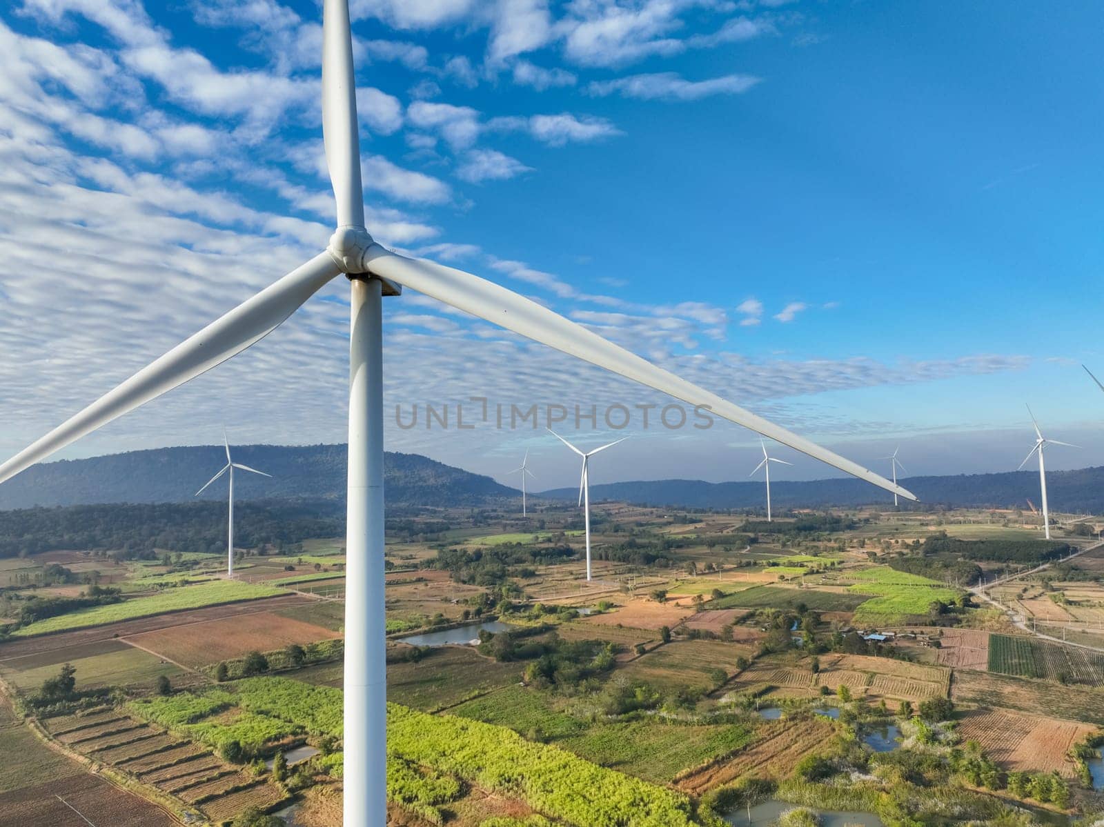 Landscape of wind farm. Wind energy. Wind power. Sustainable, renewable energy. Wind turbines generate electricity. Sustainable development. Green technology for energy sustainability. Green energy.