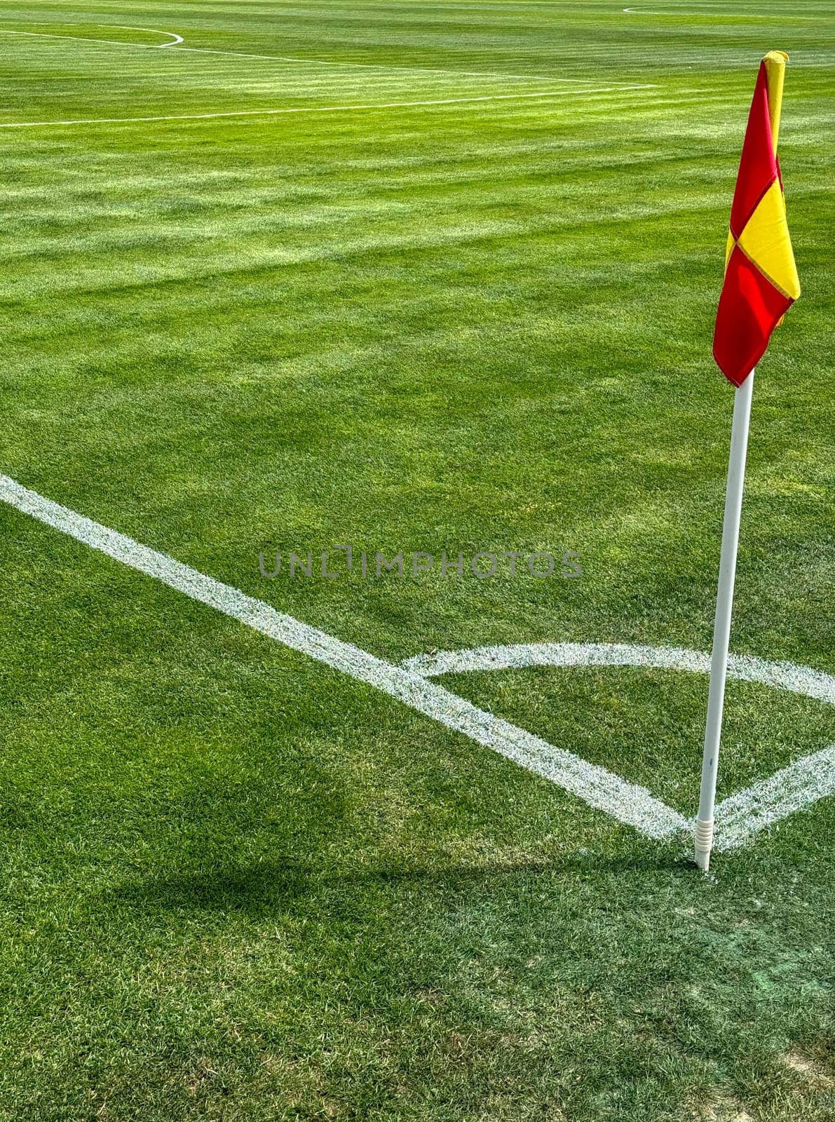 Football flags on the corner of the green field