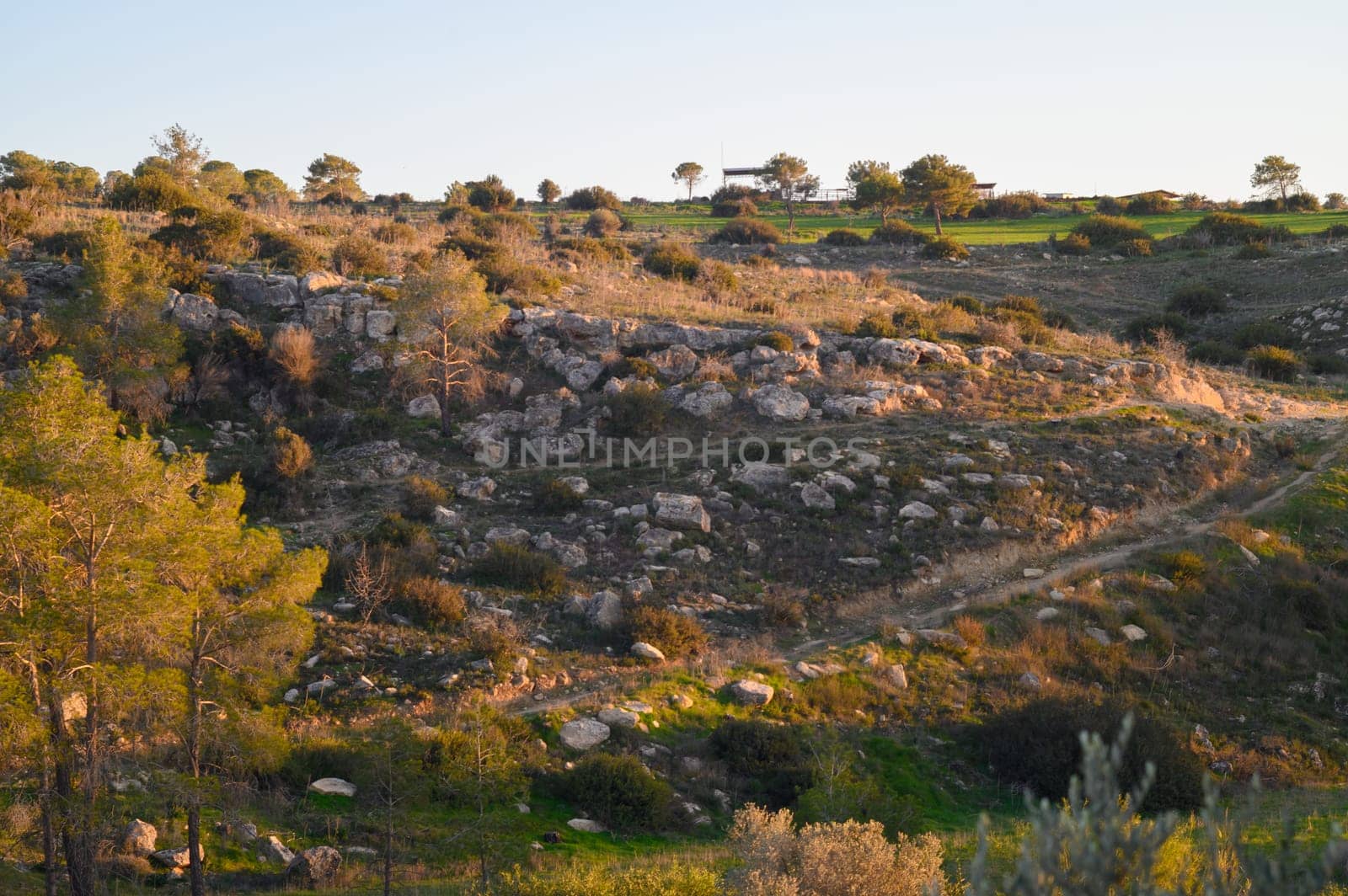 Golden sunlight filters down onto a rugged hillside, showcasing the contrast between rocky terrain and lush greenery. The peaceful atmosphere invites exploration and reflection.