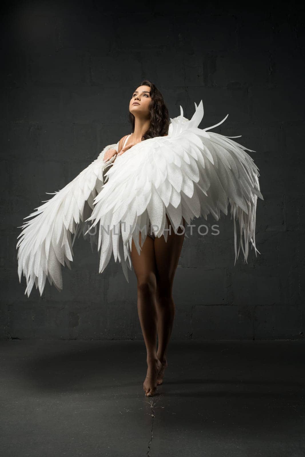 Full body of graceful barefoot female model wearing lace bodysuit and feather wings standing on tiptoes look at light
