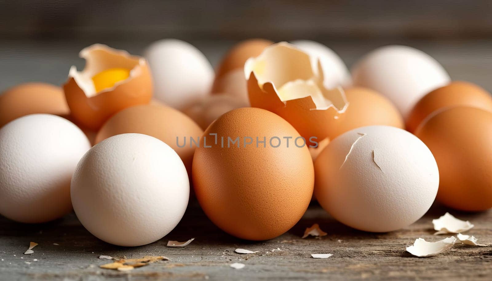 Fresh brown eggs across a rustic wooden surface with one prominently cracked open, revealing bright yellow yolk inside. Lack of eggs. Ai generated.