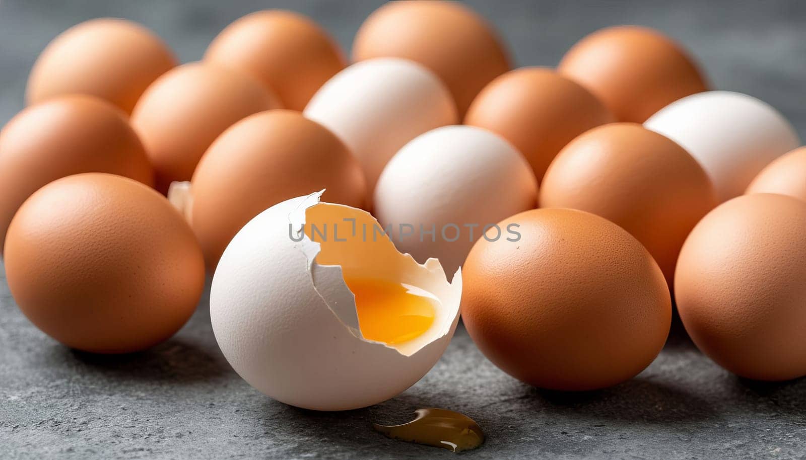 Fresh brown eggs across a rustic wooden surface with one prominently cracked open, revealing bright yellow yolk inside. Lack of eggs. Ai generated.