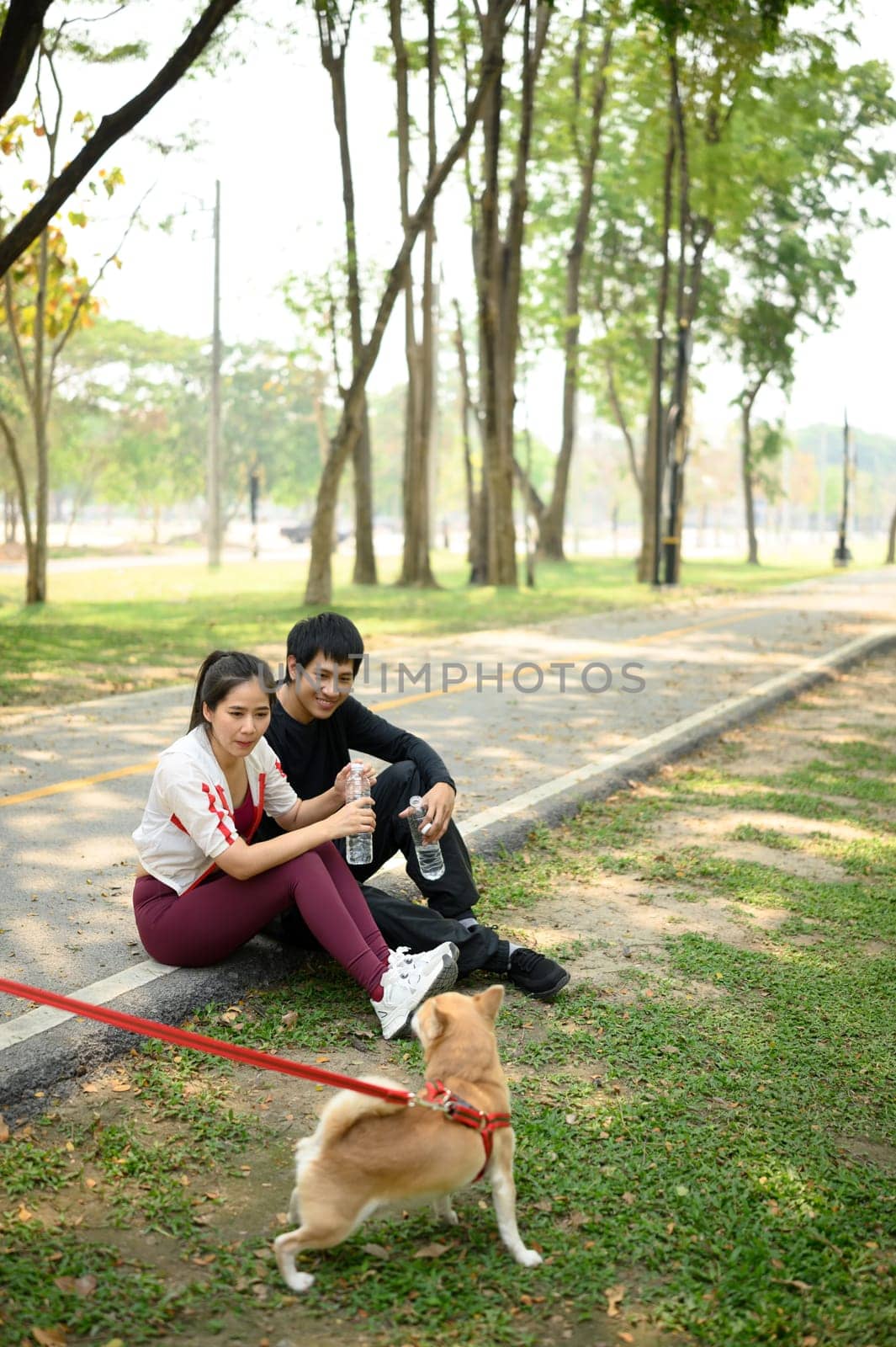 Happy young couple resting on a jogging path after exercise with their dog.