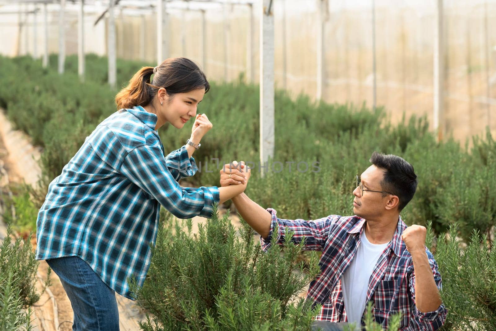 Successful farming partners celebrating in their agricultural achievements.