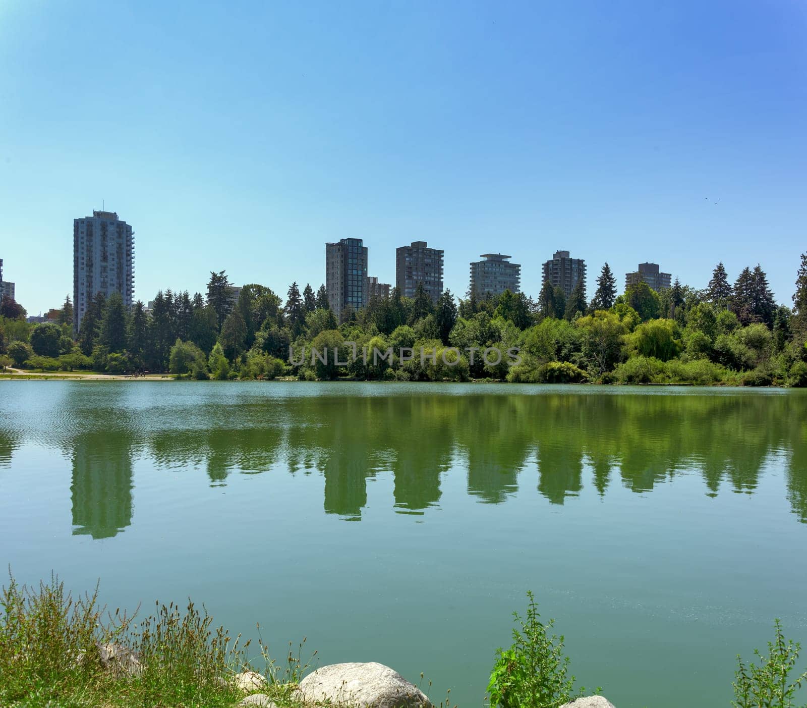 View over Lost Lagoon at old residential high-rises in downtown of Vancouver.