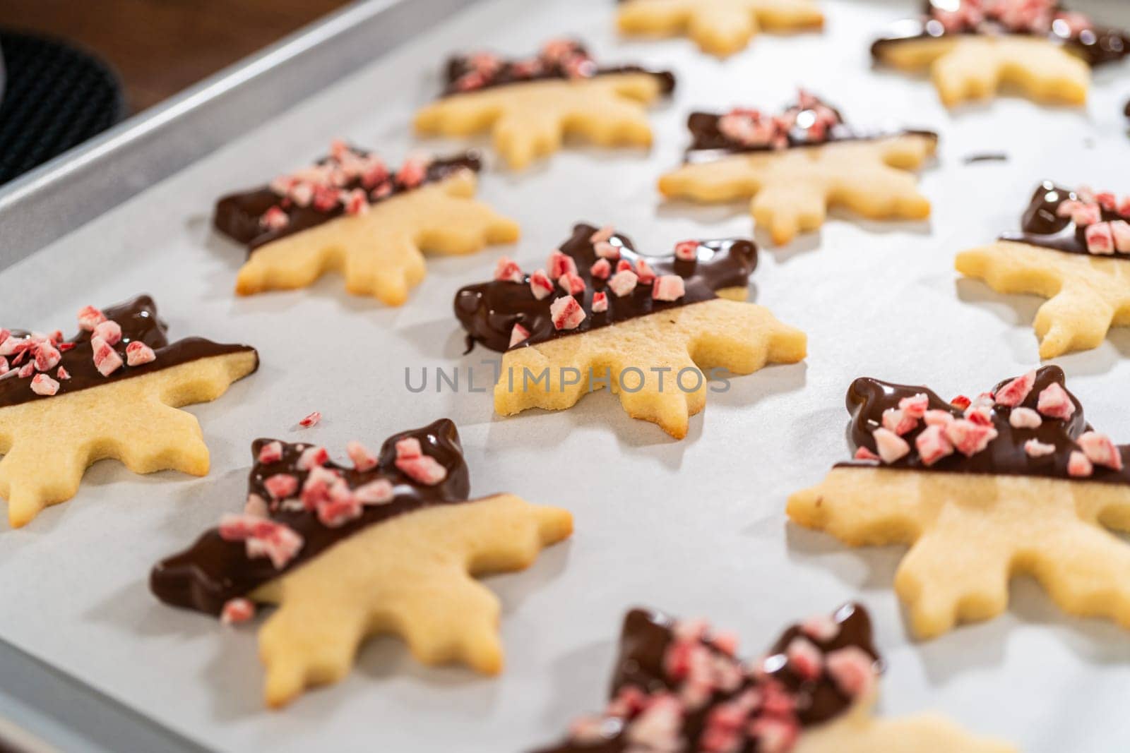 Preparing star-shaped cookies, half-dipped in chocolate, accented with peppermint chocolate chips for the holidays.