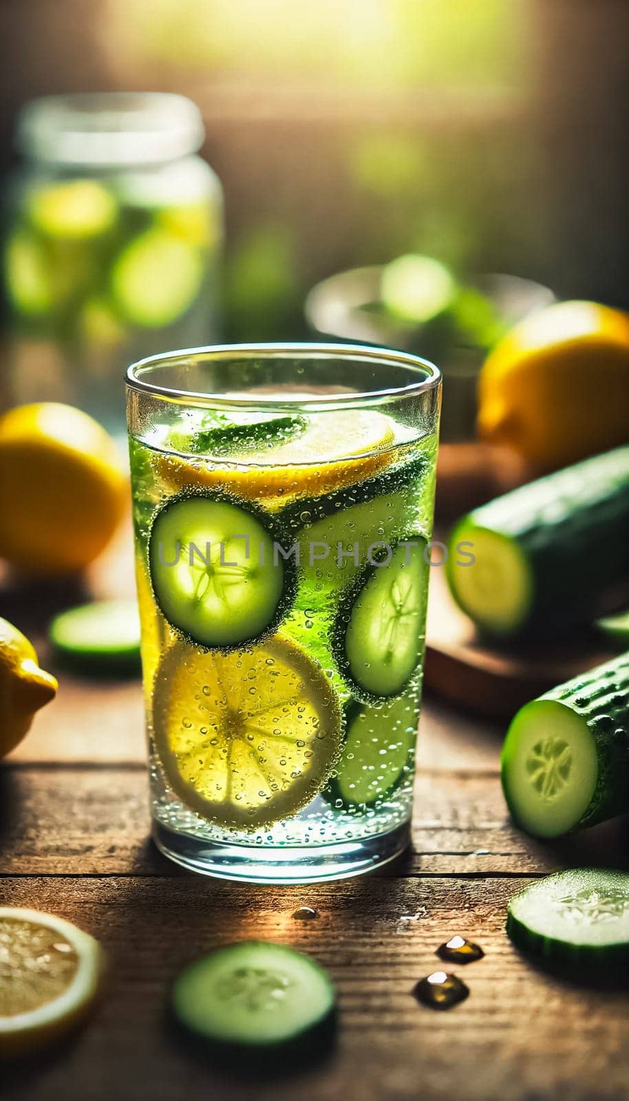 An elegant glass filled with crisp, refreshing water infused with cucumber, lemon, and lime slices. The bubbles dance around the fresh ingredients, sitting on a marble countertop with natural light enhancing the vibrant colors.