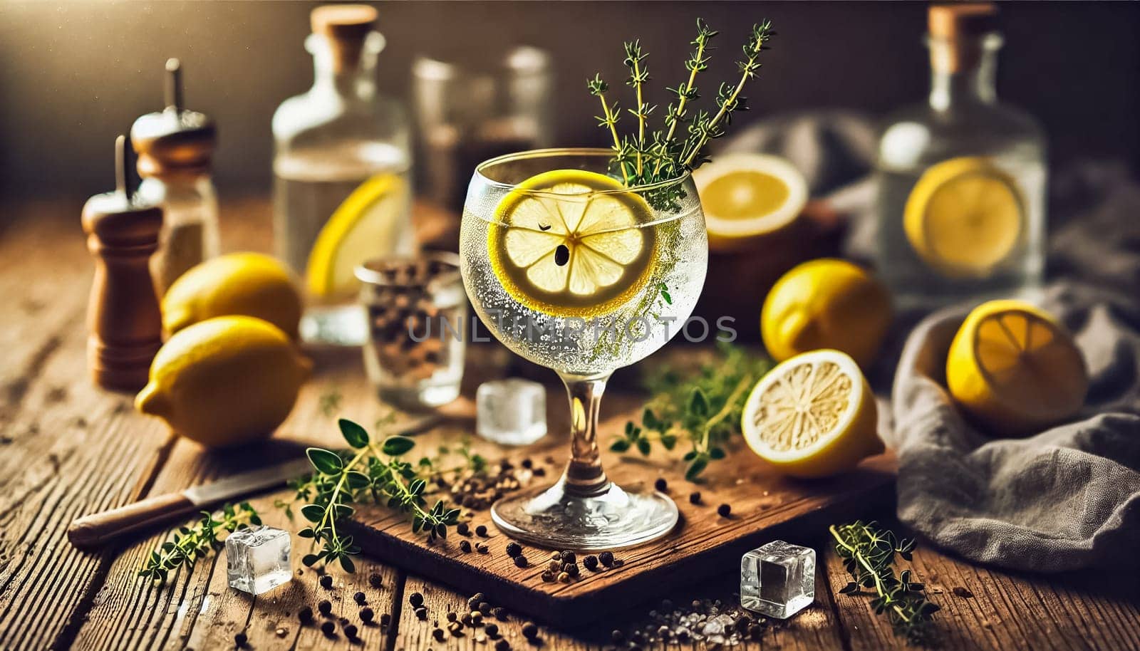 Close-up of a gin cocktail in a crystal glass, garnished with lemon slices and thyme sprigs. The drink is set on a rustic wooden table, surrounded by scattered ice cubes, peppercorns, and fresh lemons.