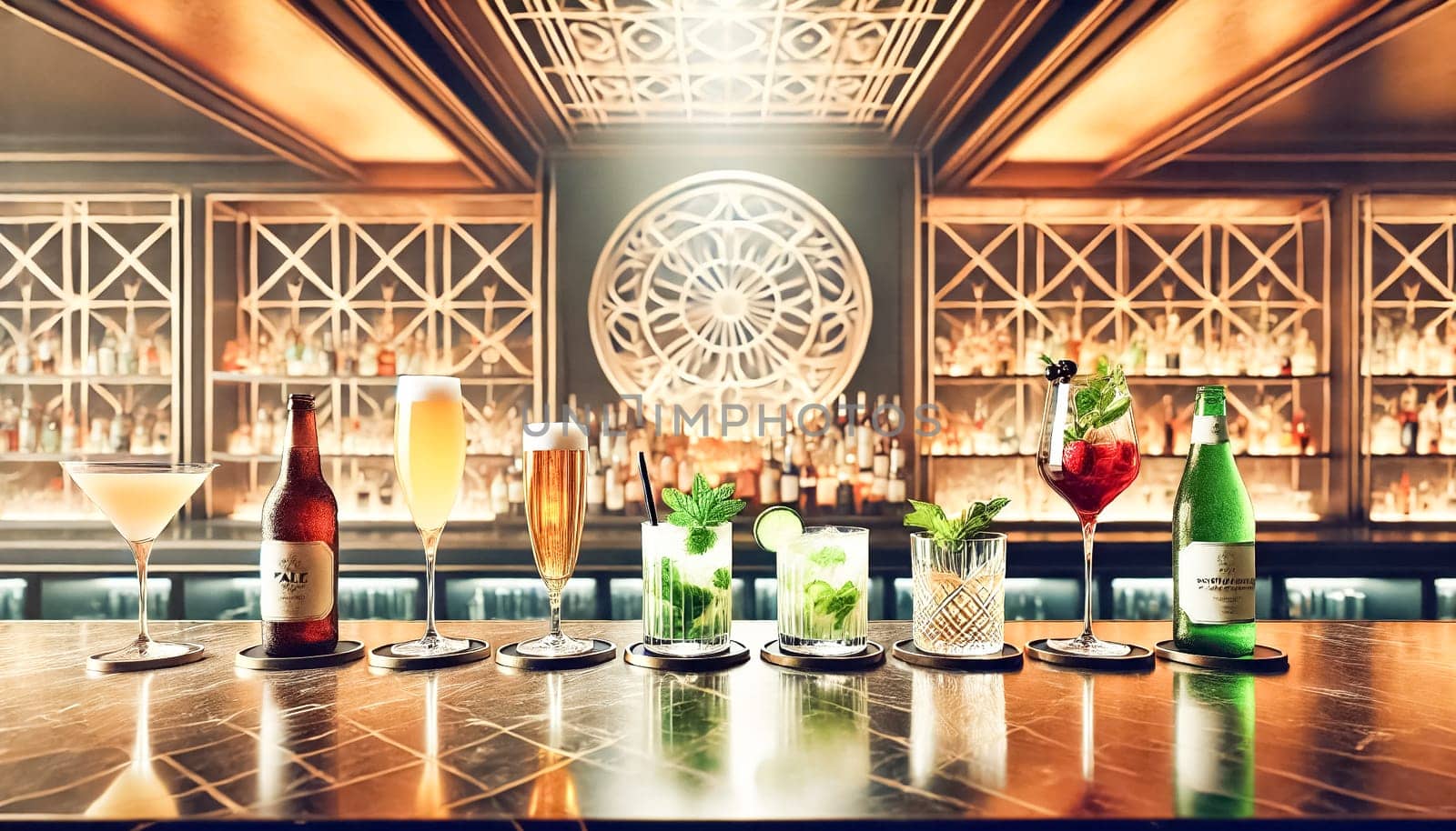 Five diverse drinks are perfectly aligned on a sleek marble bar counter, each uniquely vibrant and presented without any hand in sight. The backdrop features a stylish geometric pattern, adding to the modern and sophisticated ambiance of the bar.