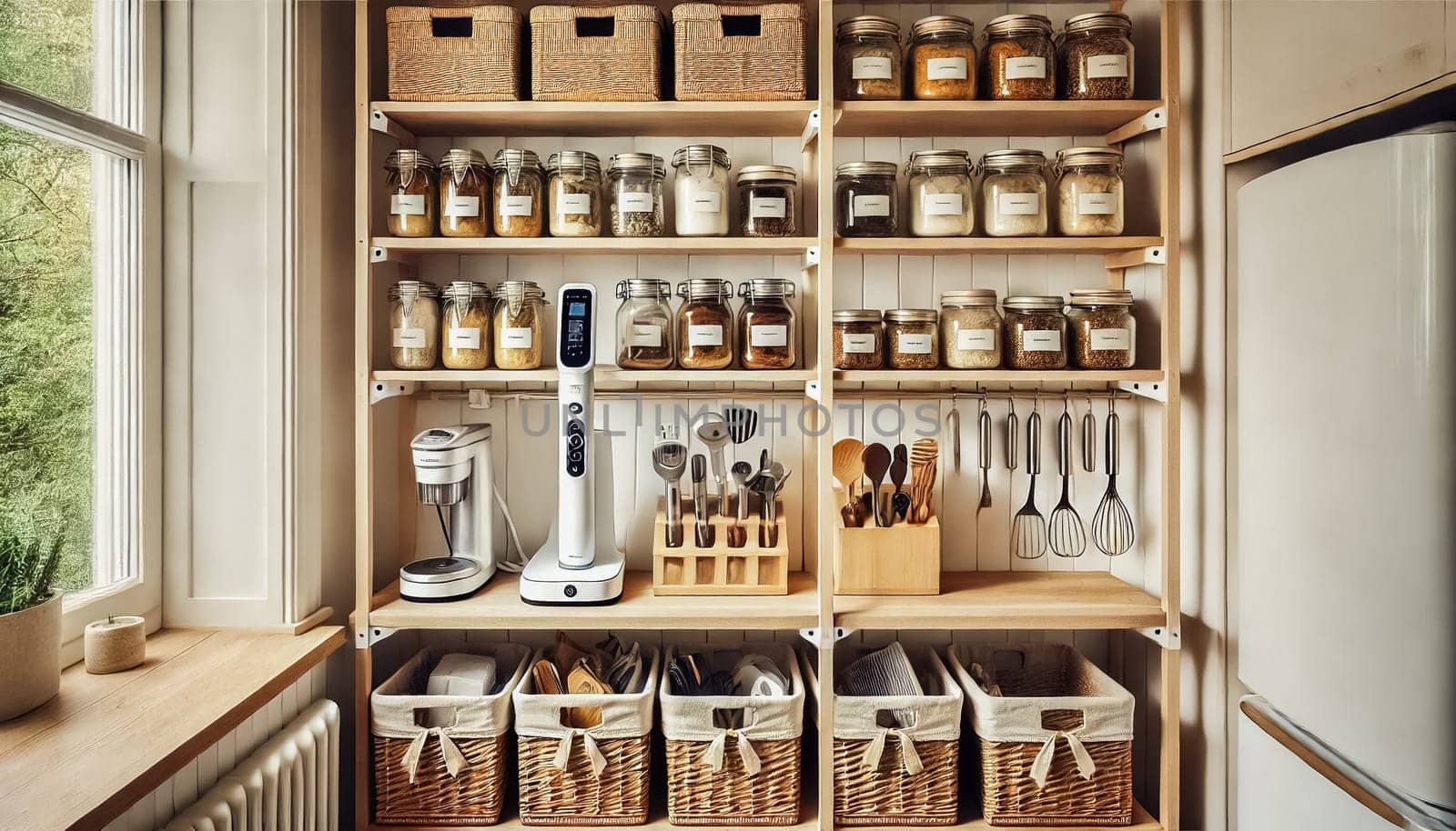 This pantry features woven baskets on the bottom shelves and a shelf above with neatly arranged electric kitchen tools. The upper shelves hold labeled jars of spices and ingredients, organized in a minimalist design with light wood shelving and white walls for practical, efficient kitchen storage.