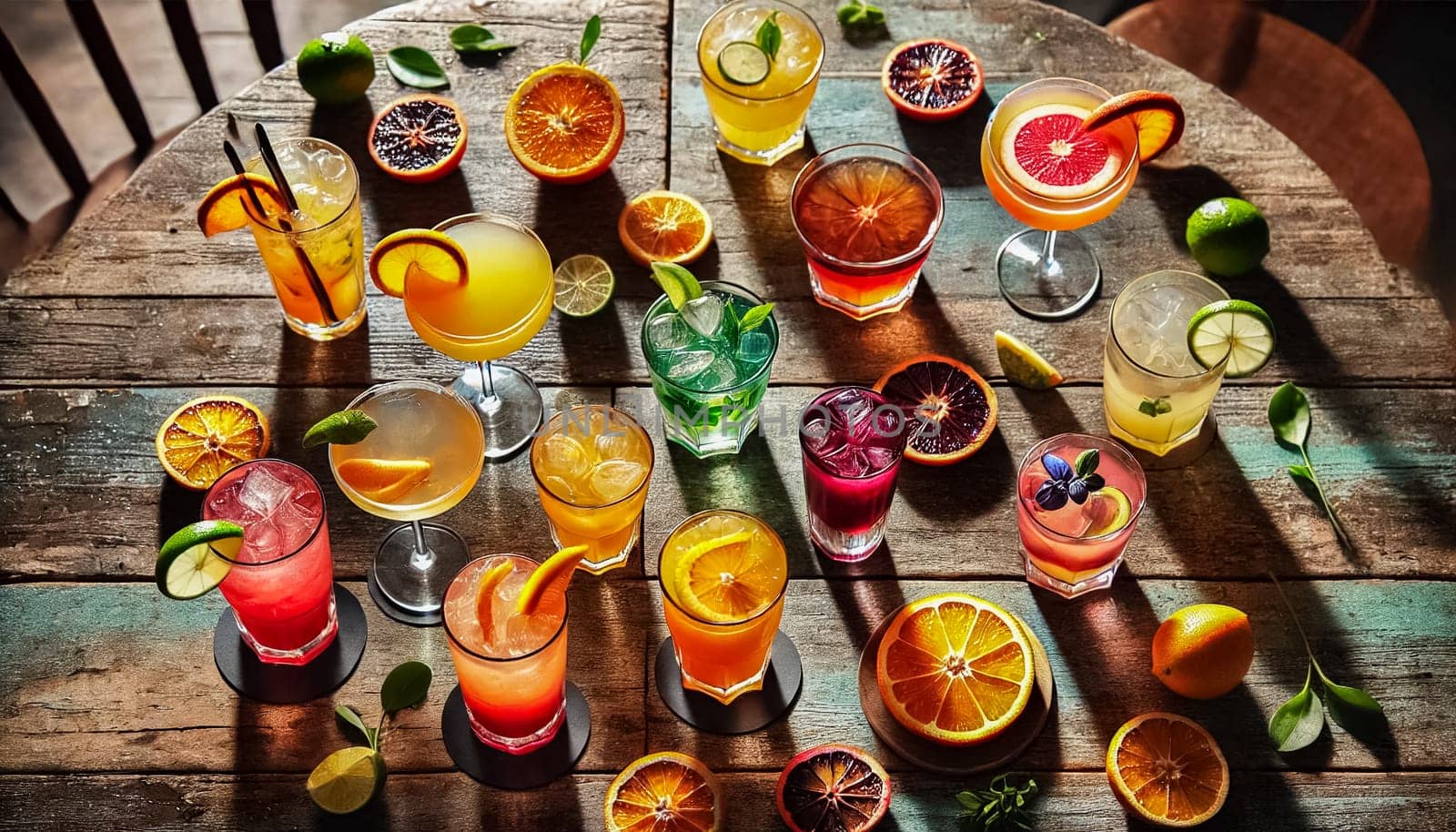 A vibrant display of cocktails, featuring colorful drinks with fresh fruit garnishes like lime, blood orange, and pineapple. The table is rustic, and water droplets add a refreshing and casual ambiance to the scene.