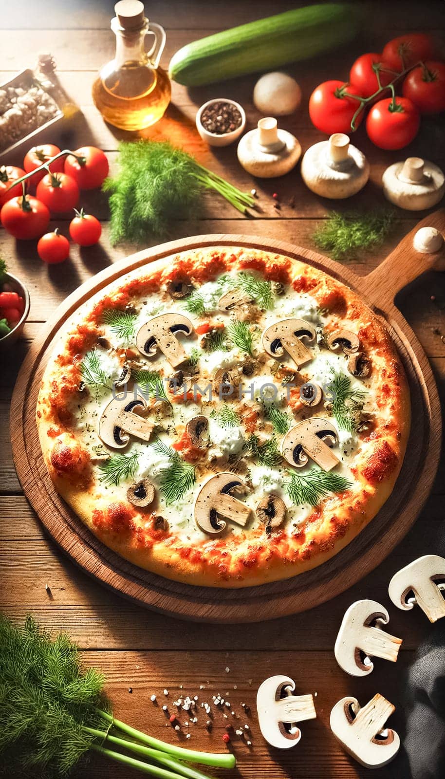 Two freshly baked pizzas rest on metal trays atop a rustic wooden table. One features a creamy white sauce with ricotta cheese, and the other is topped with mushrooms, fresh dill, and melted mozzarella. The pizzas have crispy golden edges, with a small bowl of red pepper flakes nearby, perfect for a cozy meal.