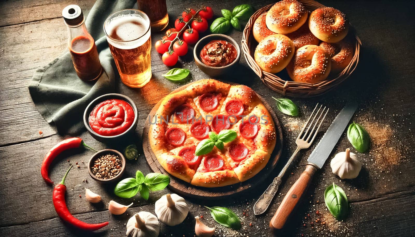 A cozy pizza night setup featuring a freshly baked pepperoni pizza with melted cheese and a golden crust, accompanied by garlic knots and marinara sauce. The warm, rustic setting is enhanced by fresh basil, red pepper flakes, garlic cloves, and a cold glass of beer on a dark wooden table.