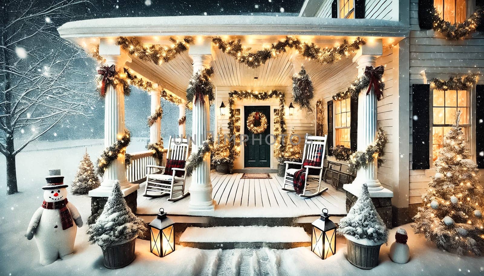 Snow blankets a charming farmhouse porch adorned with sparkling lights and Christmas decorations. Rocking chairs with checkered cushions and warm light from the windows invite a cozy atmosphere, while evergreens dusted with snow and a cheerful snowman enhance the holiday magic.