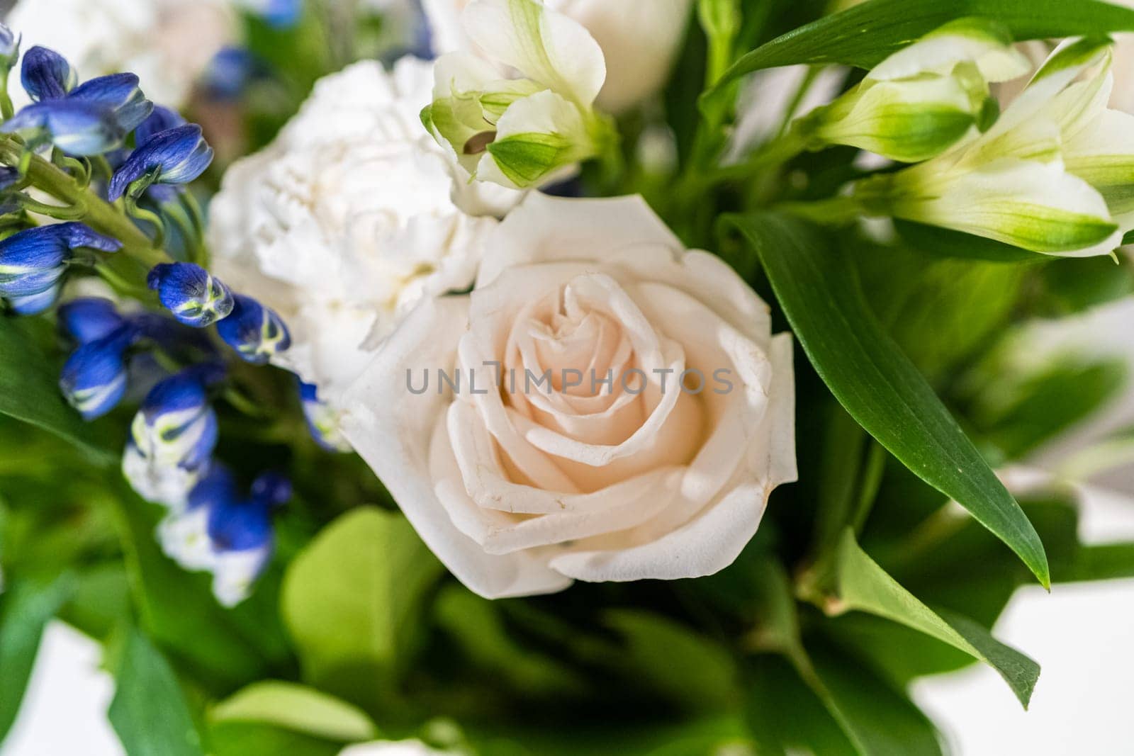 A stunning bouquet featuring fresh white roses and assorted flowers gracefully arranged in a vase, exuding timeless beauty.