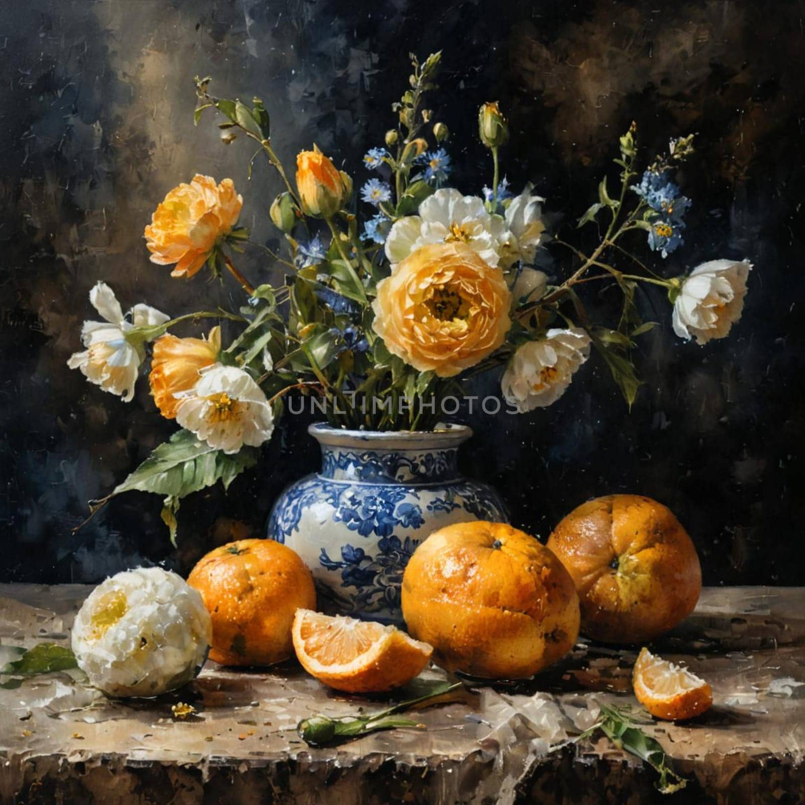 Classic still life featuring a detailed arrangement of flowers in a patterned vase with oranges on a textured surface. Combines natural beauty and artistic sophistication in a charming composition.