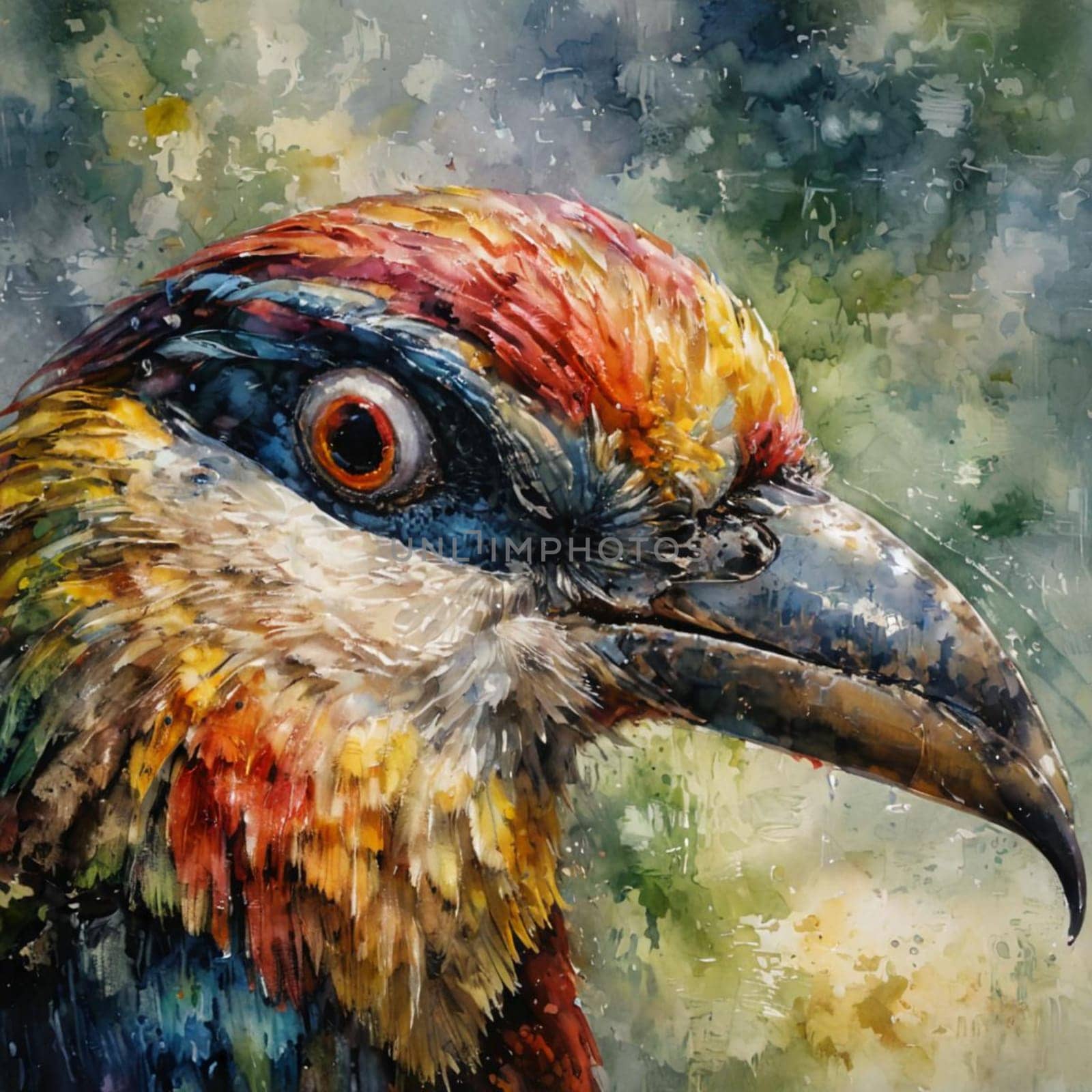 Vivid watercolor painting of a bird with vibrant plumage and intricate details, showcasing artistic expression and celebrating biodiversity's essence.