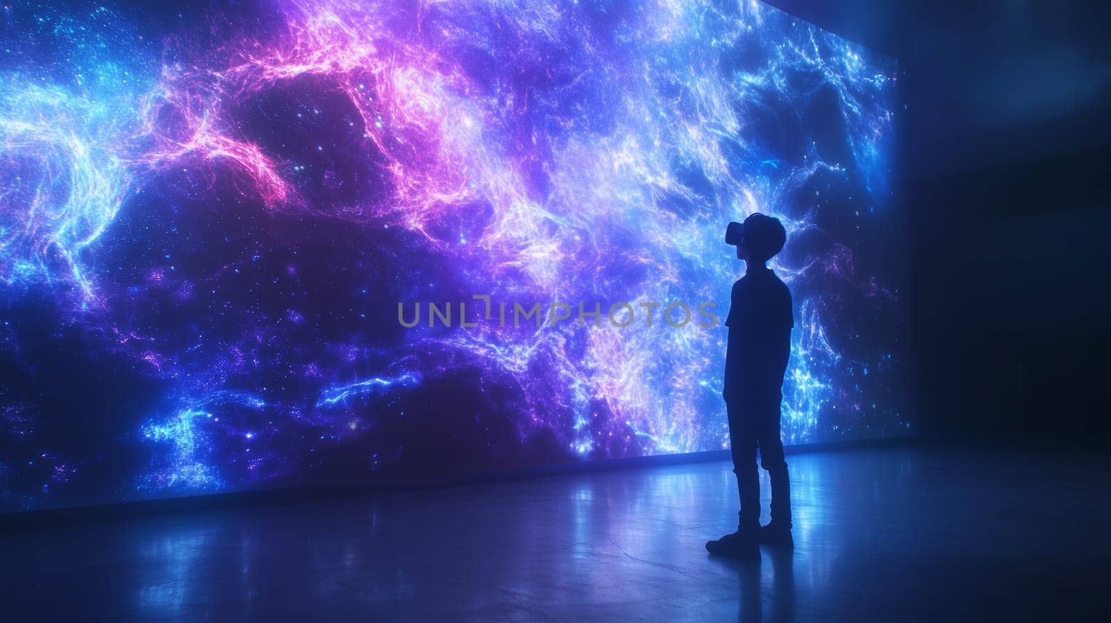 Digital interactive technology, teenager boy explores the world using VR headset, kid experience virtual reality, watches cosmos. Holographic glowing display