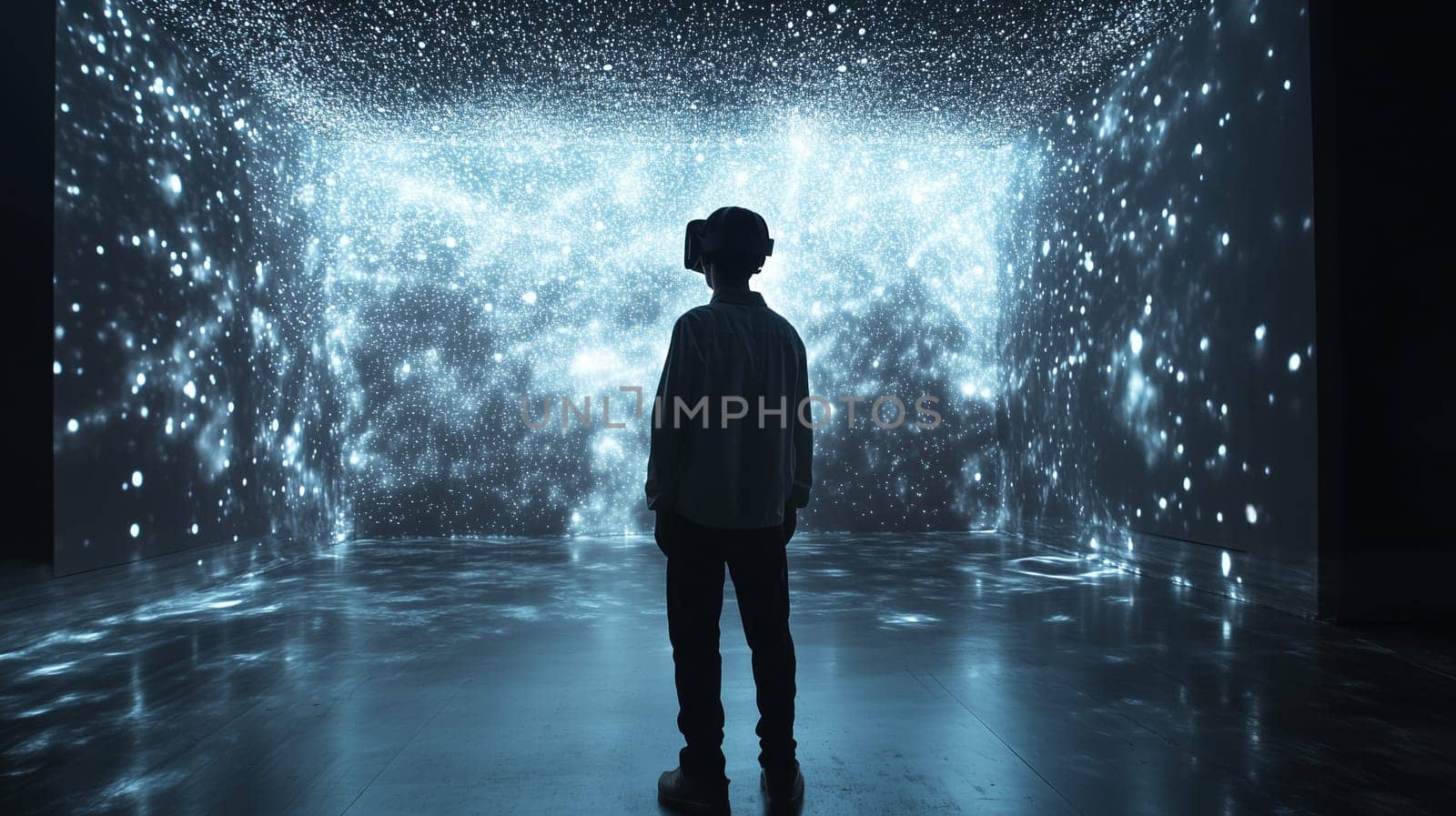 Modern digital interactive technology, teenager boy explores the world using VR headset, kid experience virtual reality. Holographic glowing display projecting image
