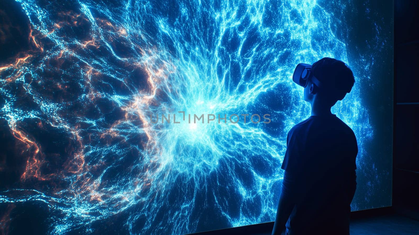 Modern digital interactive technology, teenager boy explores the world using VR headset, kid experience virtual reality. Holographic glowing display projecting image