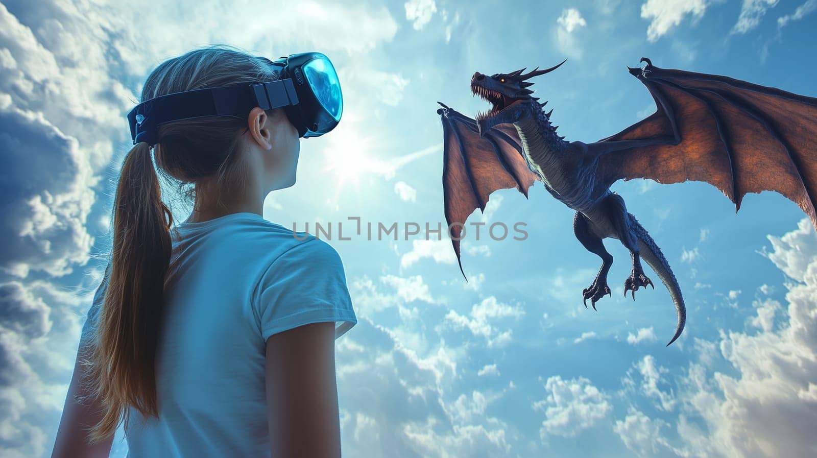 A girl with a VR headset looking at a dragon flying in a sky, enjoying a fantastical and immersive experience virtual reality in a magical VR world