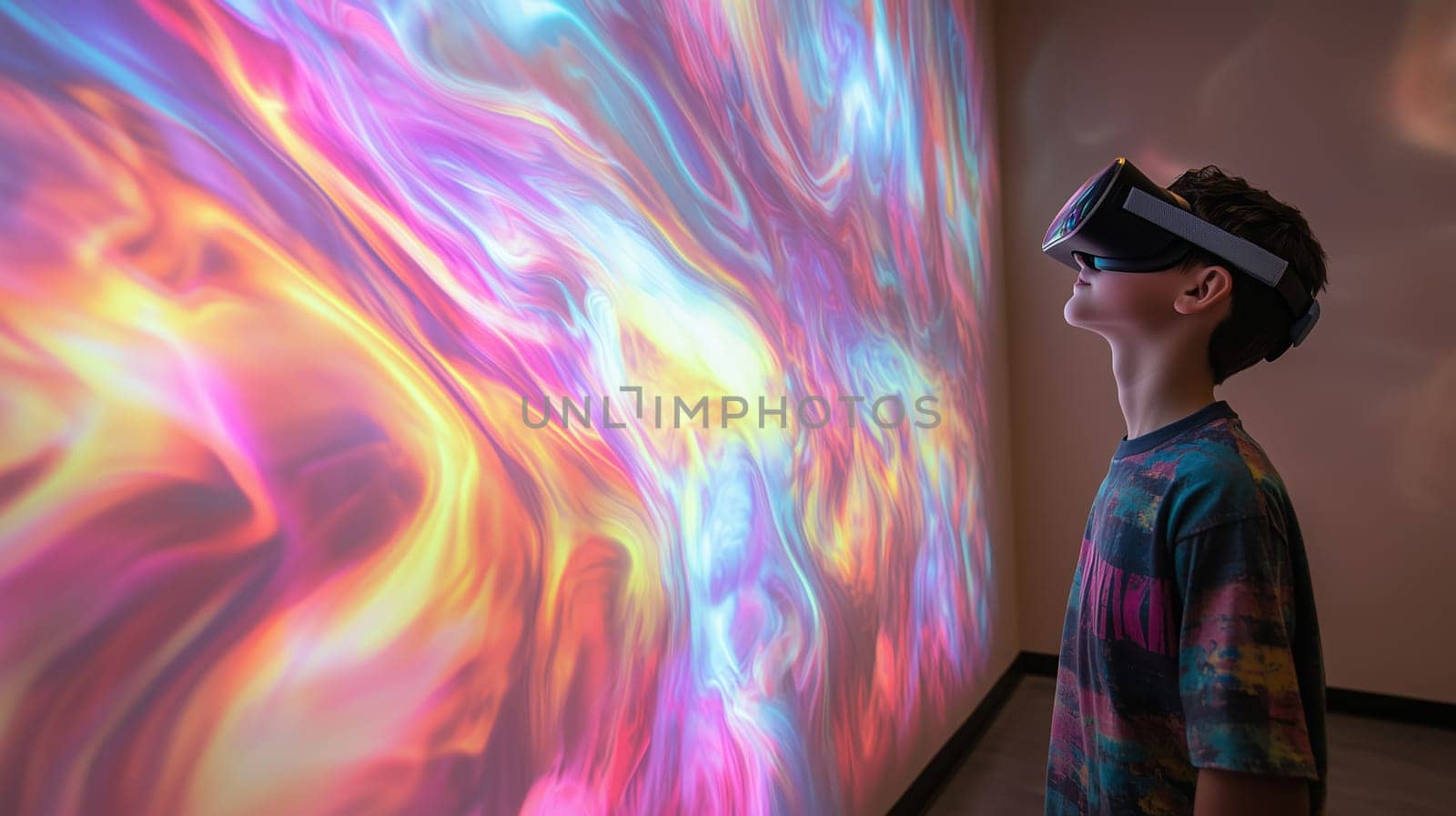 Modern digital interactive technology, teenager boy explores the world using VR headset, kid experience virtual reality. Holographic glowing display projecting image