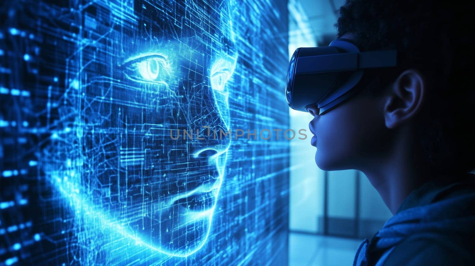 Modern digital interactive technology, teenager boy in a VR headset interacts with a digital face, artificial intelligence and virtual reality communication