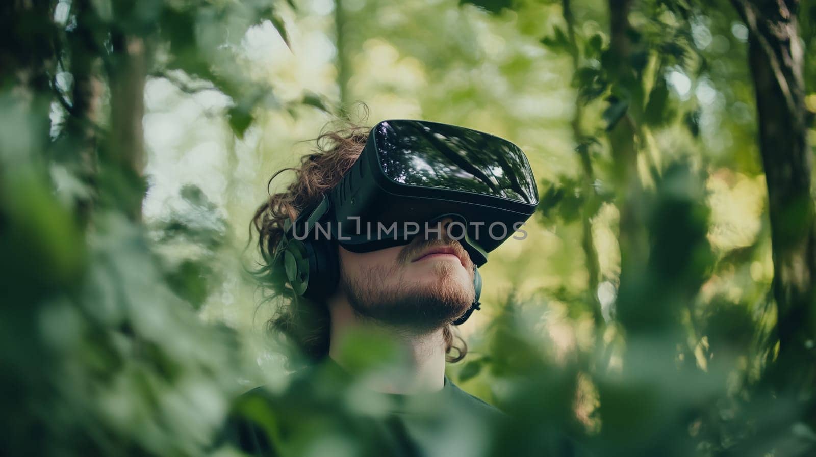 A young man wearing a VR headset stands in a lush forest with lush plants, engaging with a virtual reality recreation of nature